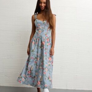 American Eagle Outfitters Light Blue Floral Tie-Shoulder lace back Midi Dress